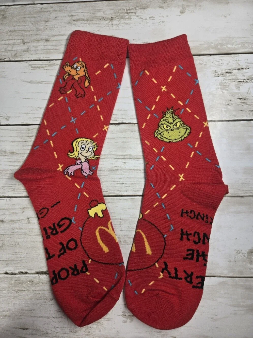 Grinch-Themed Red Crew Socks with Holiday Characters
